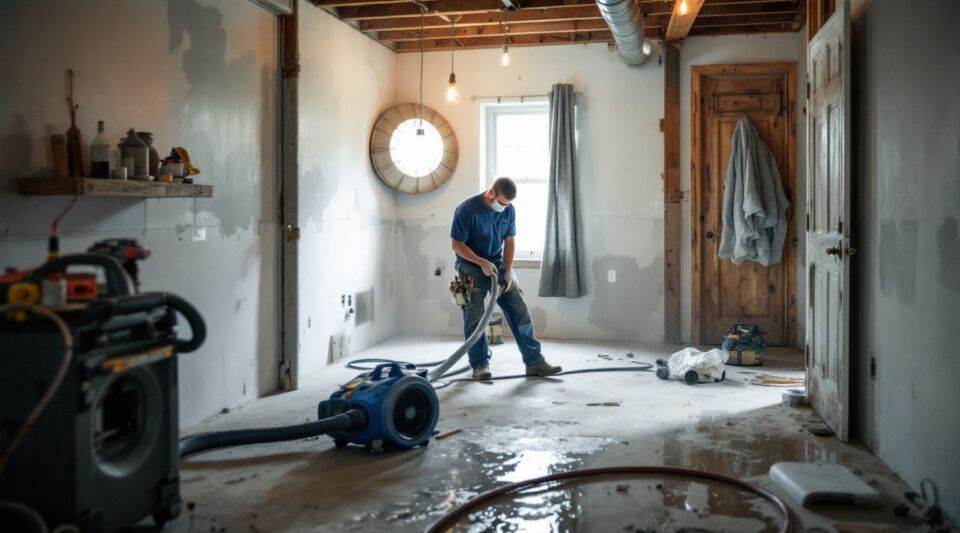 A professional air sampling pump and cassette set up on a tripod inside a room with visible water staining on the baseboards.